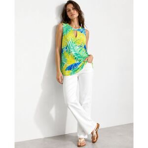 Mud Pie Tropical Leaf Print Sleeveless Tunic Top Yellow Green Blue Causal Size M